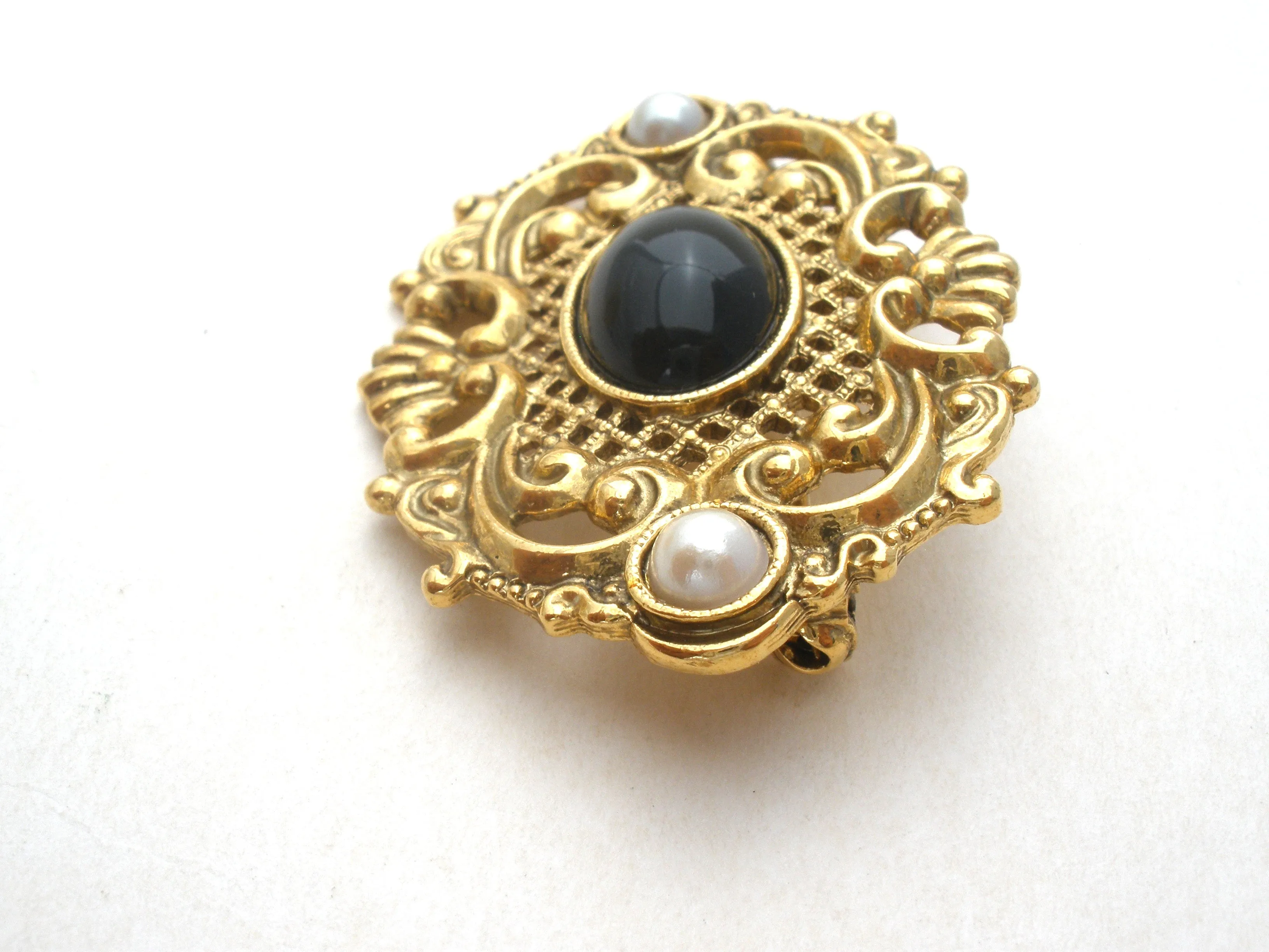 1928 Co Black Rhinestone & Pearl Brooch Pin