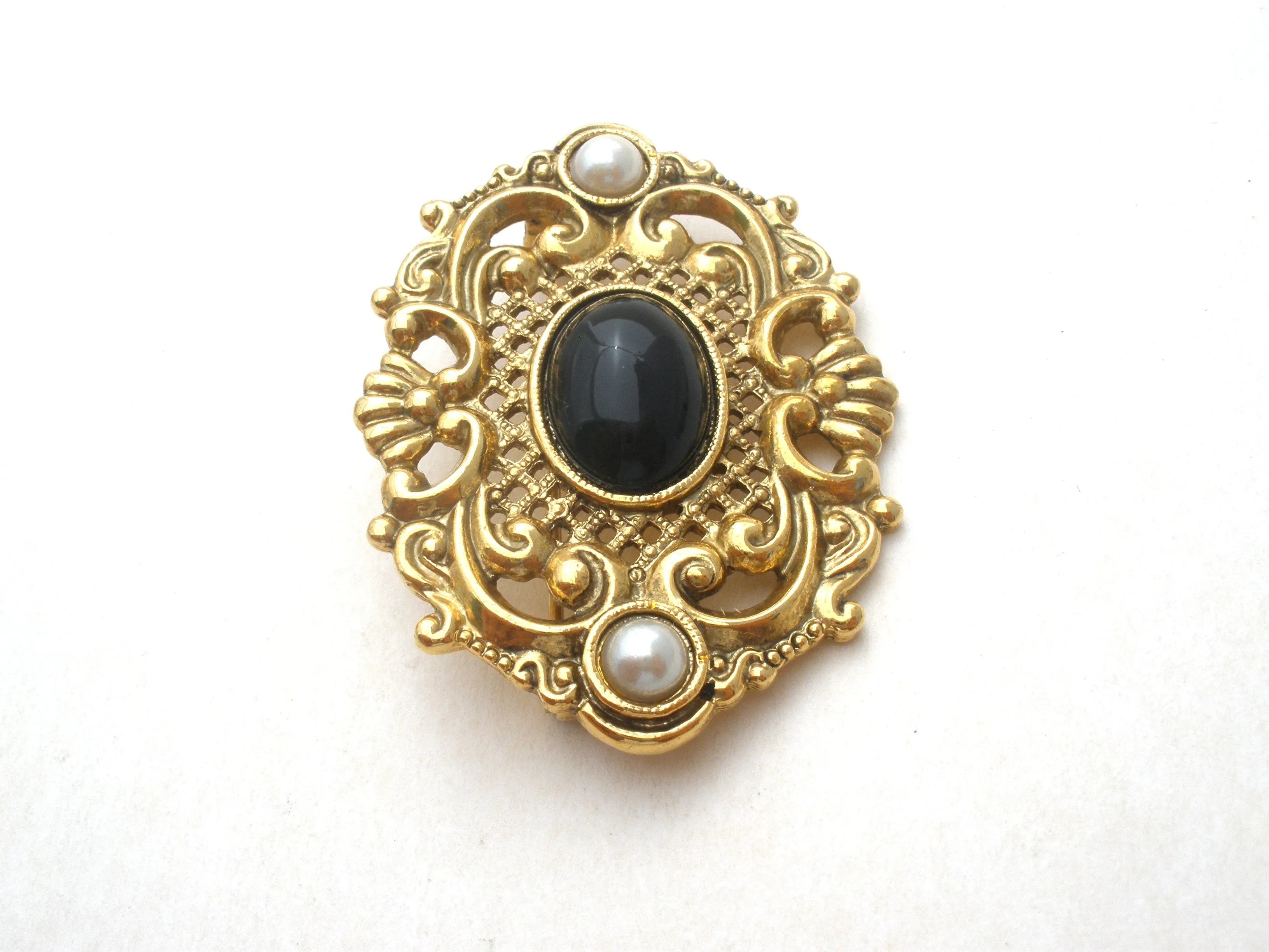 1928 Co Black Rhinestone & Pearl Brooch Pin