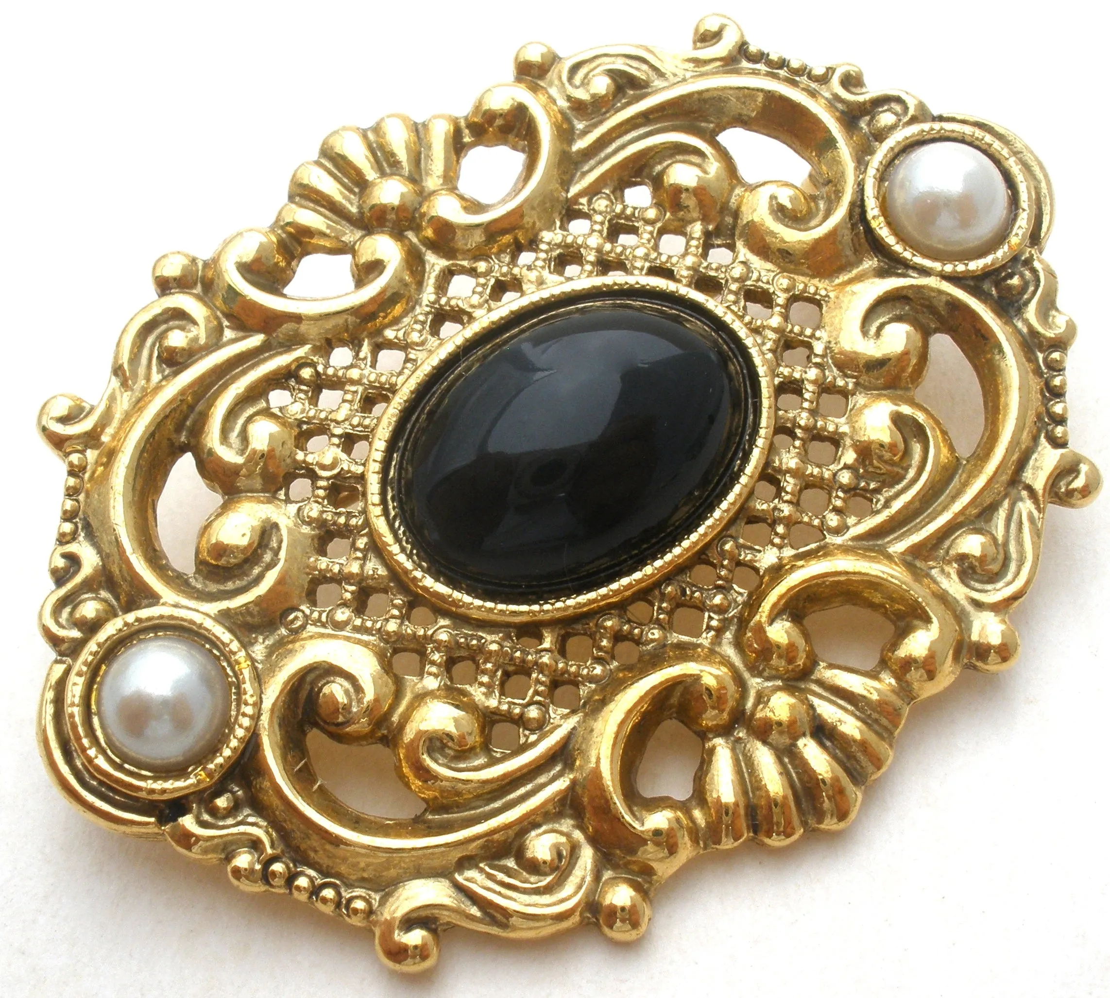 1928 Co Black Rhinestone & Pearl Brooch Pin