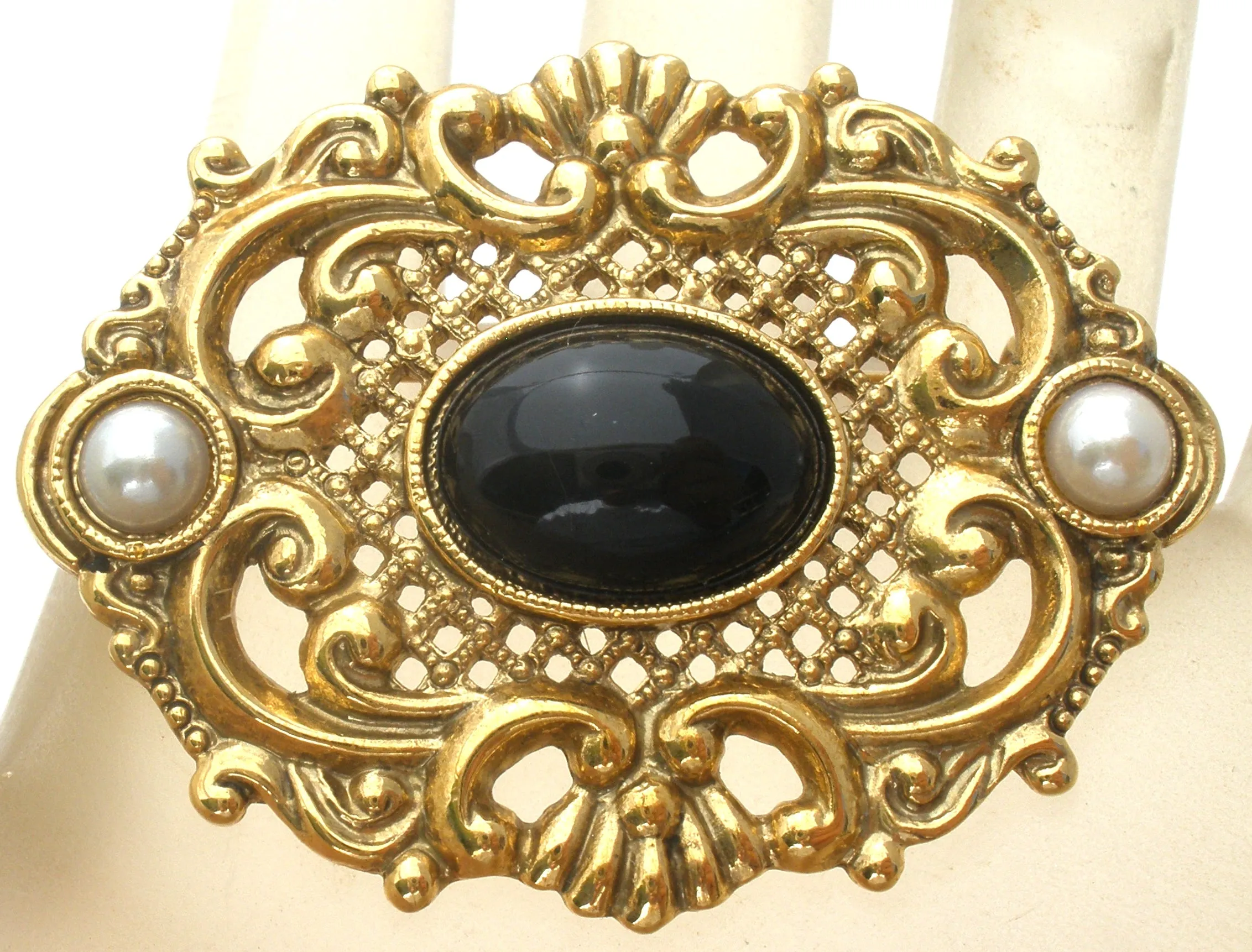 1928 Co Black Rhinestone & Pearl Brooch Pin