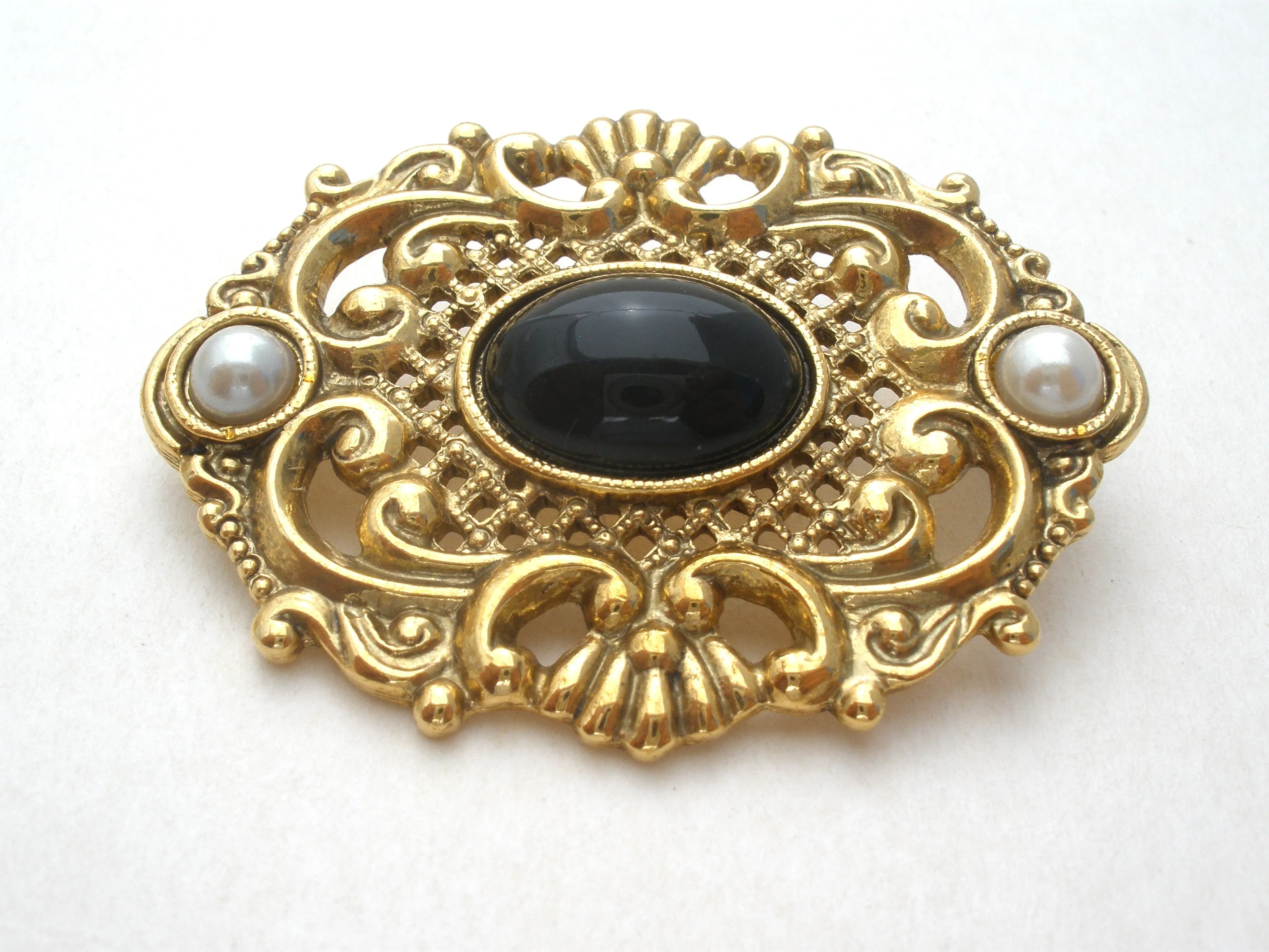 1928 Co Black Rhinestone & Pearl Brooch Pin