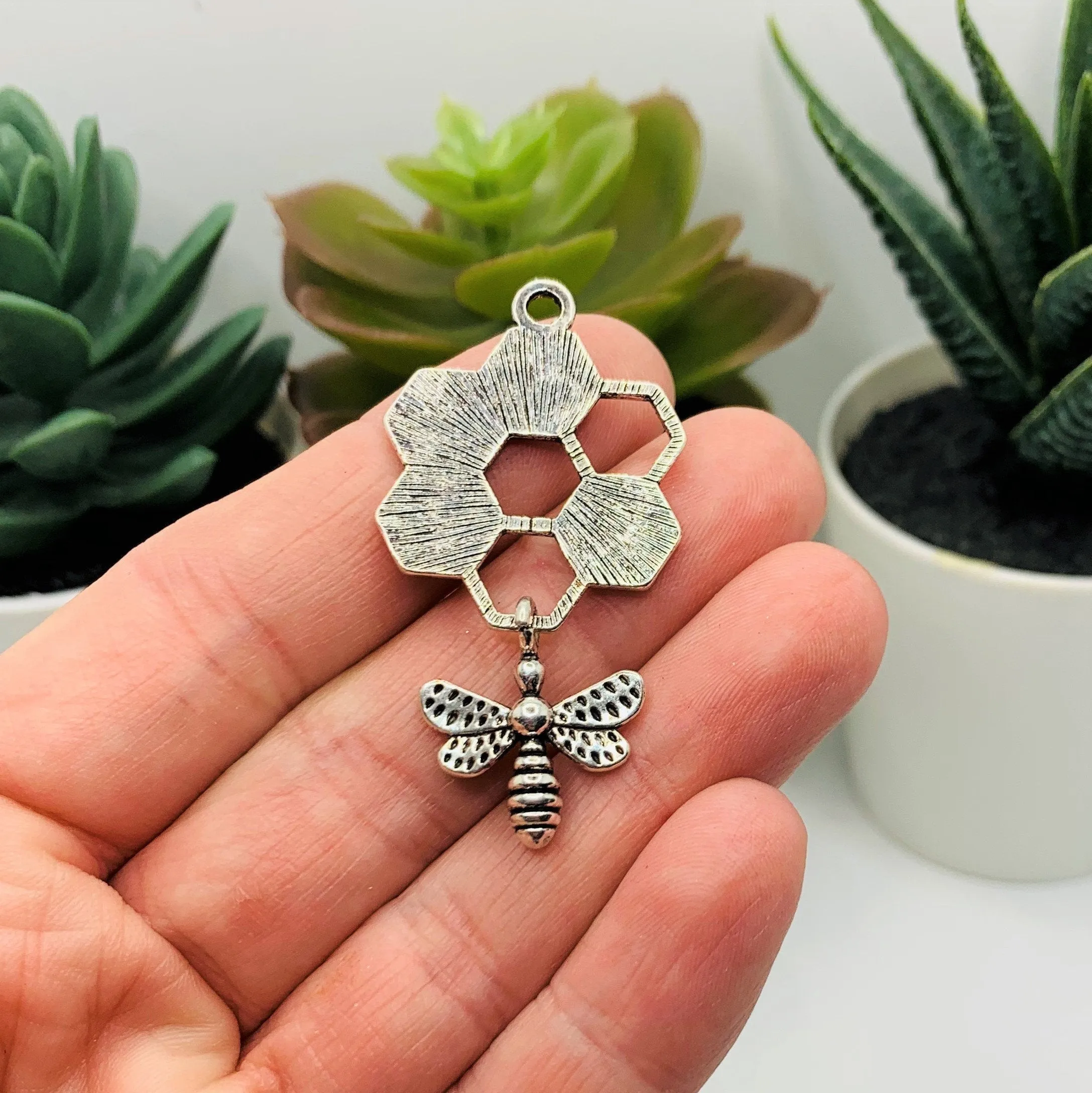 4 or 20 Pieces: Silver Honeycomb Charms with Hanging Bee