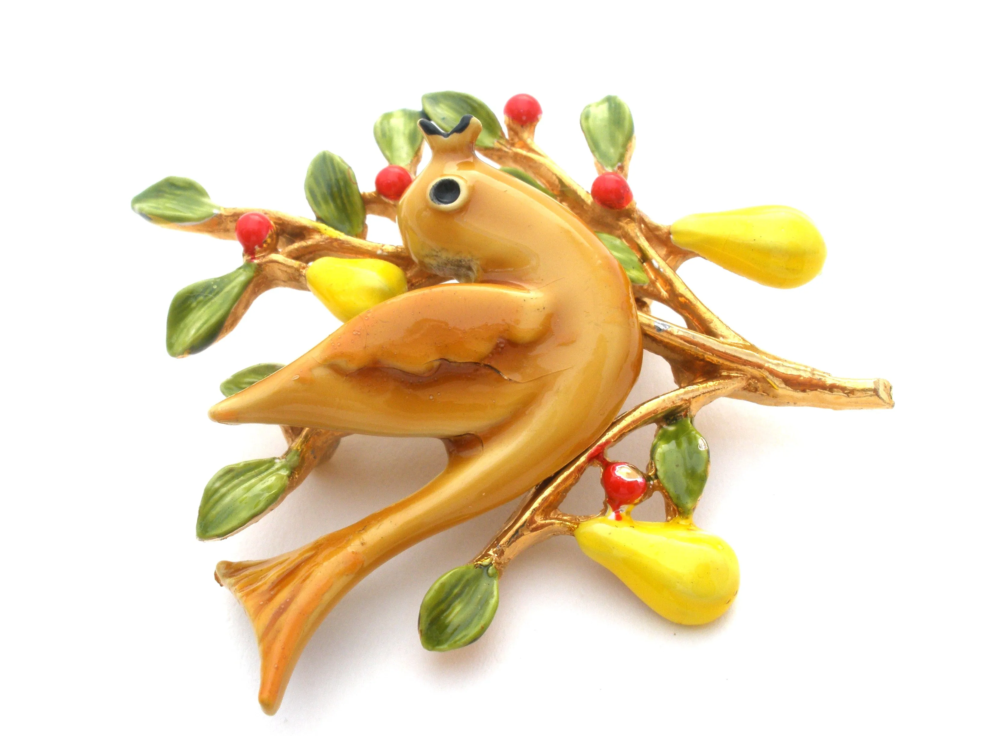 ART Partridge Bird In Pear Tree Brooch Pin Vintage