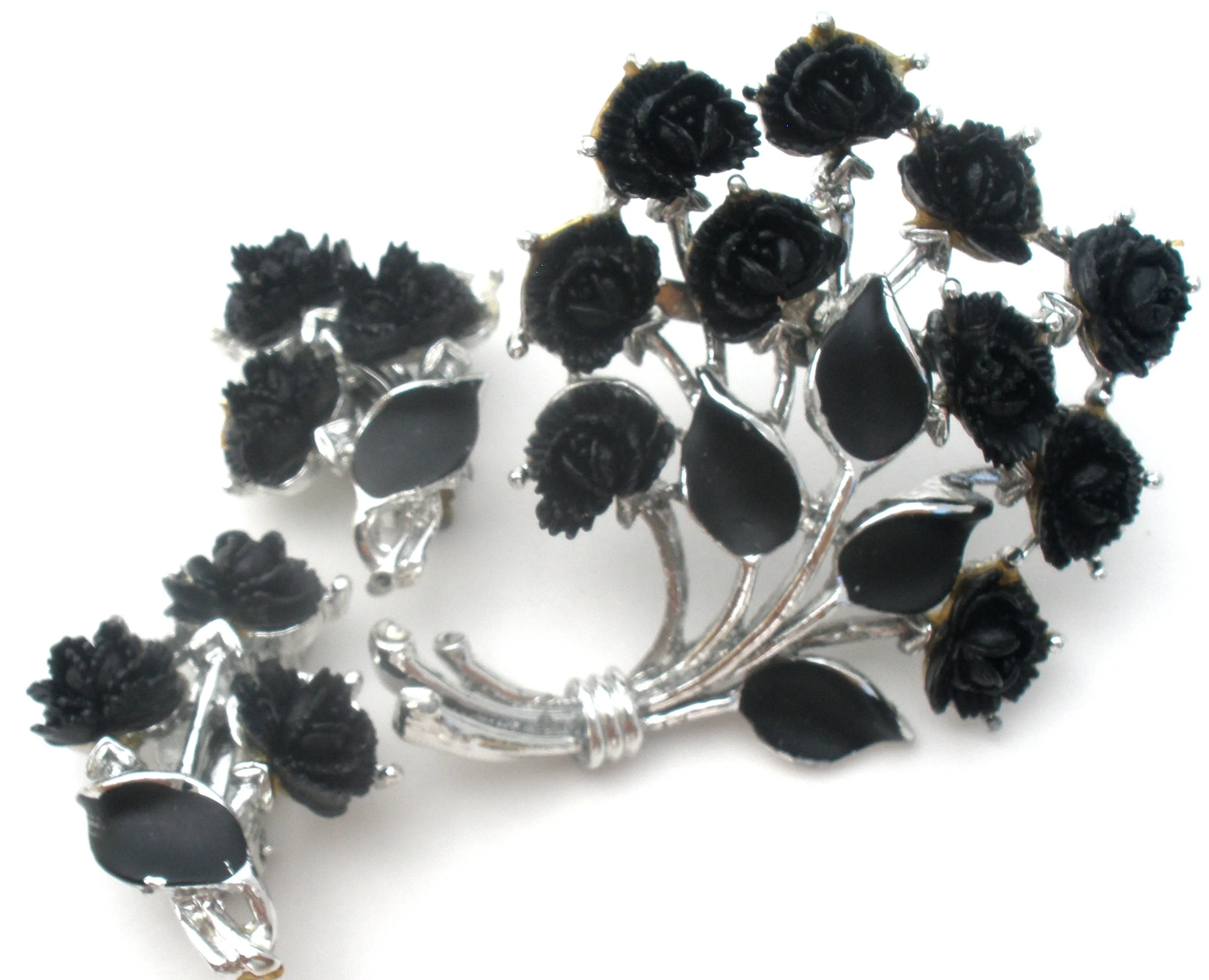 Black Thermoset Rose Brooch & Earrings Set J.J. Vintage