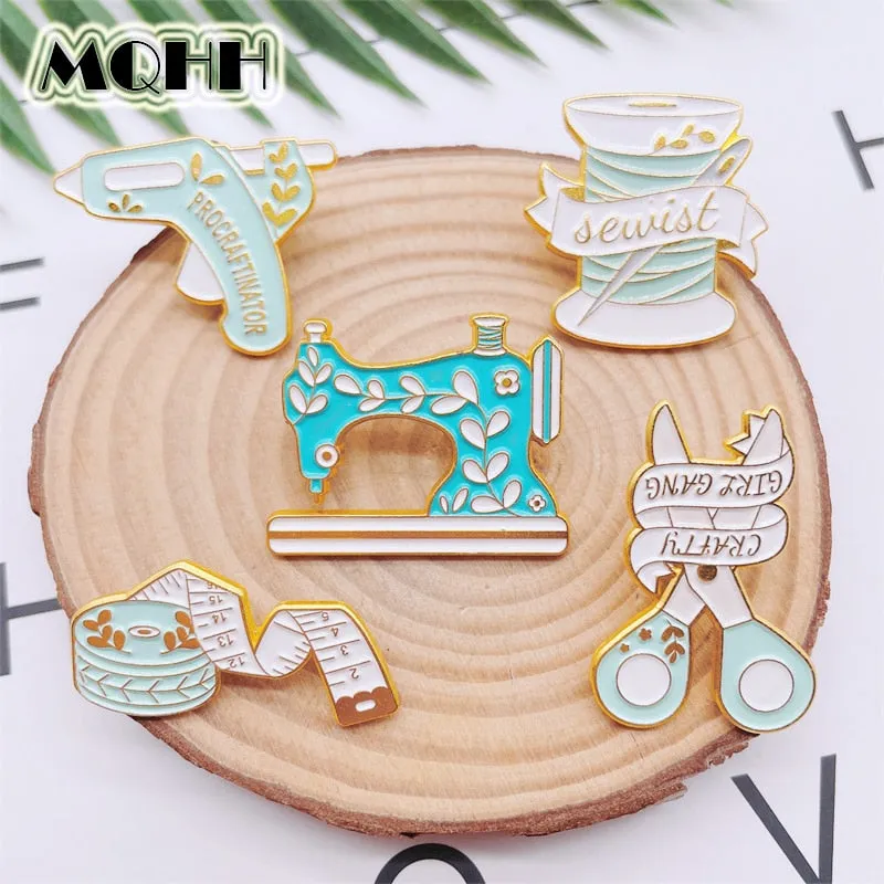 Cartoon Creativity Sewing Machine Scissors Needle Yarn Enamel Pins Cute Alloy Badge Fun Accessories Woman Jewelry Gift For Kid