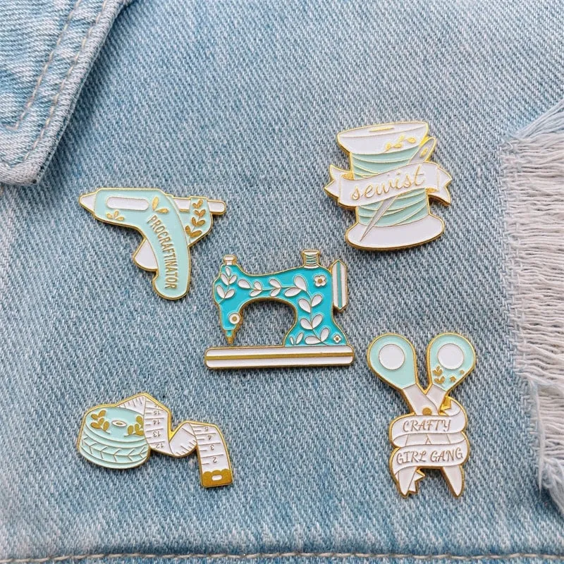 Cartoon Creativity Sewing Machine Scissors Needle Yarn Enamel Pins Cute Alloy Badge Fun Accessories Woman Jewelry Gift For Kid