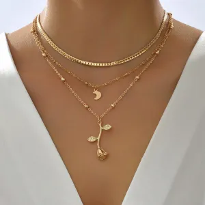 deanwangkt Bohemia Multilayer Moon Gold Pendant Necklaces For Women Rose Flower Choker Necklace  Fashion Jewelry Party Gift