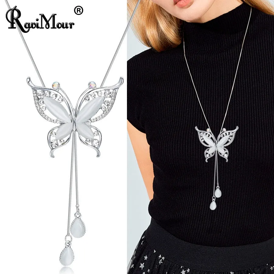 DEANWANGKT Choker Necklace for Women Opal Stone Big Butterfly Collier Femme Fashion Jewelry Korean Long Chain Kolye Gift for Girl