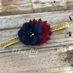 GOLD or SILVER Glitter Elastic Headband, maroon burgundy wine Navy blue shabby flower rhinestone pearls, Baby newborn infant toddler girl