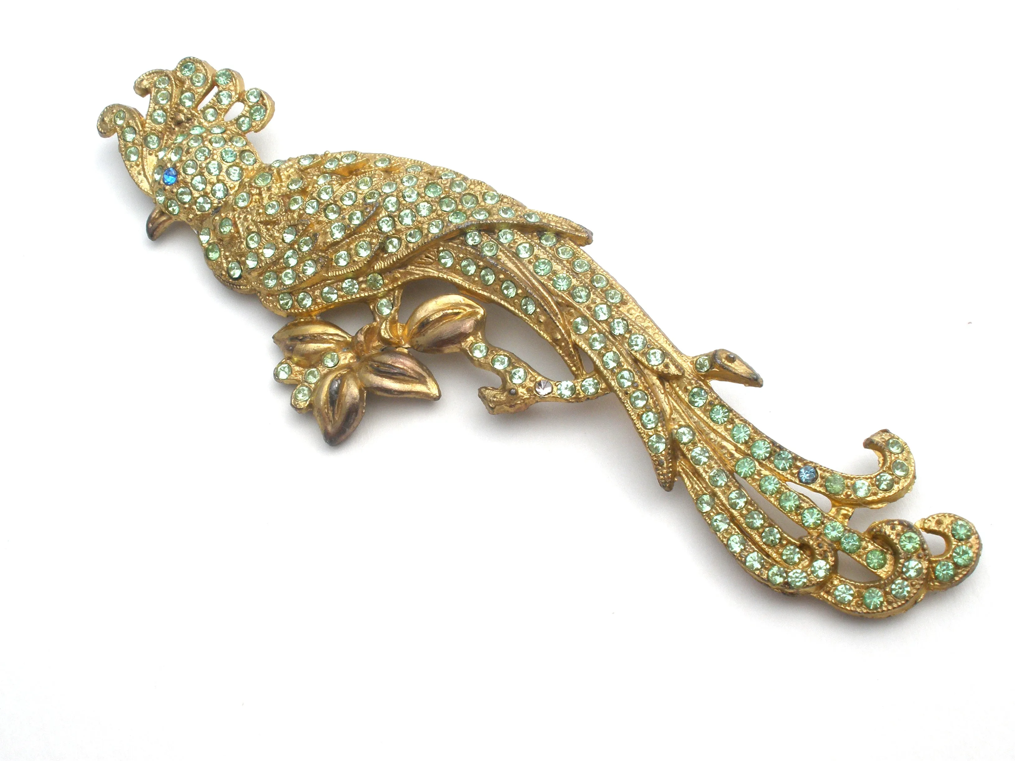 Green Rhinestone Bird of Paradise Brooch Pin 5"