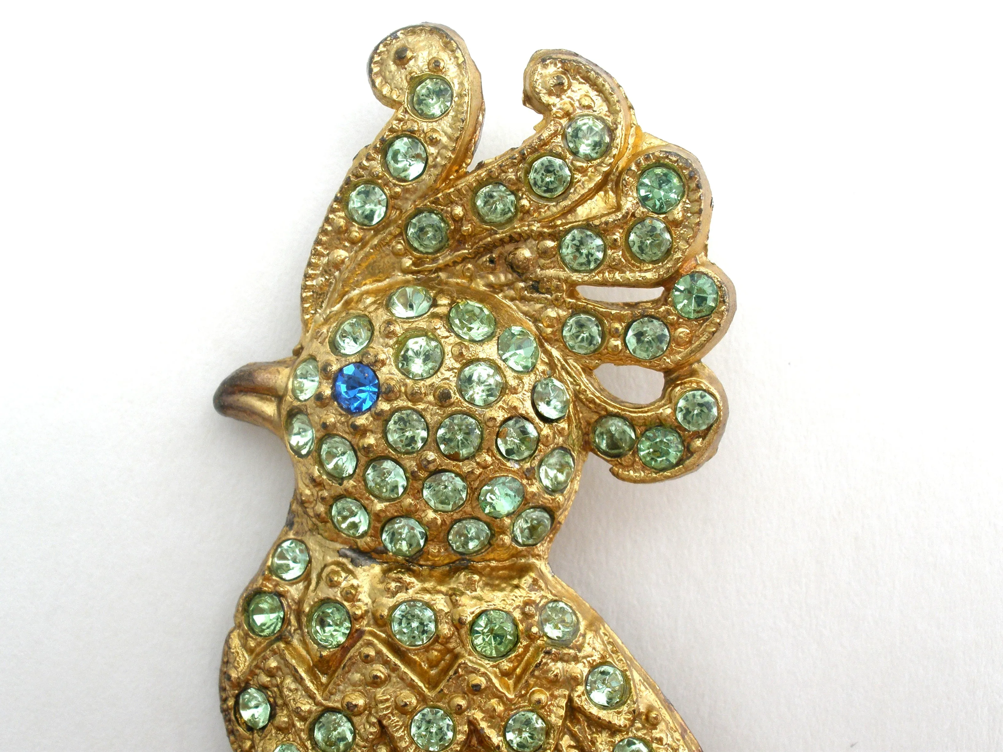 Green Rhinestone Bird of Paradise Brooch Pin 5"