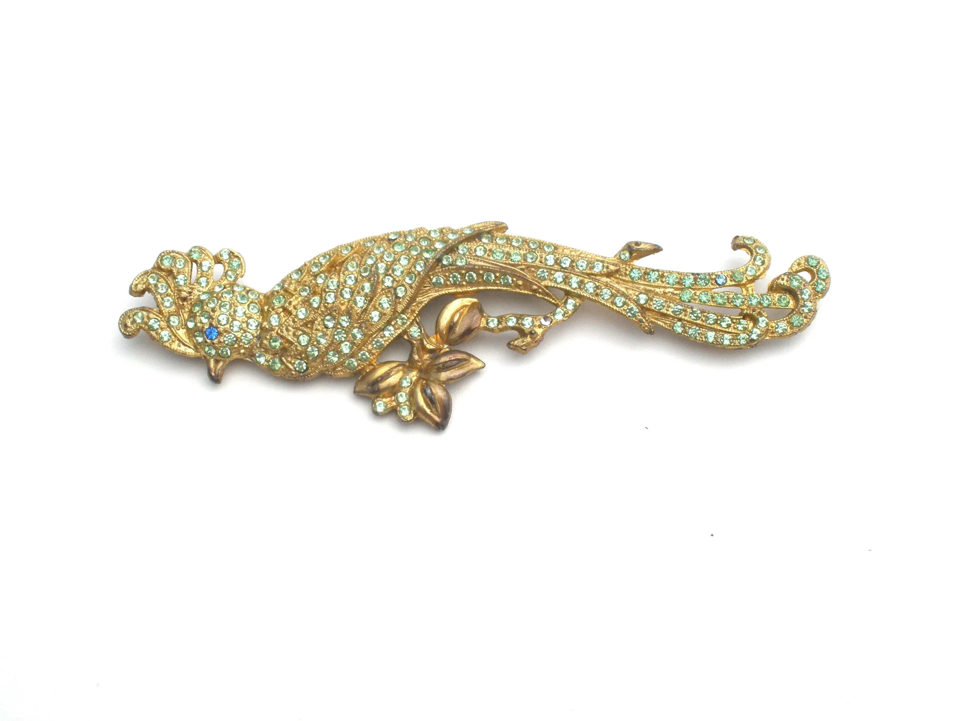 Green Rhinestone Bird of Paradise Brooch Pin 5"