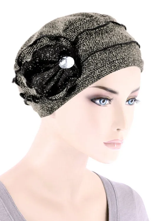 H148-BEIGE#Winter Hat Cap Floral Rhinestone Taupe