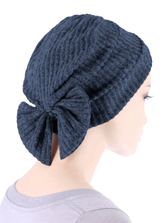 H150-BLUERIBBED#Winter Cloche Bow Hat Blue Ribbed