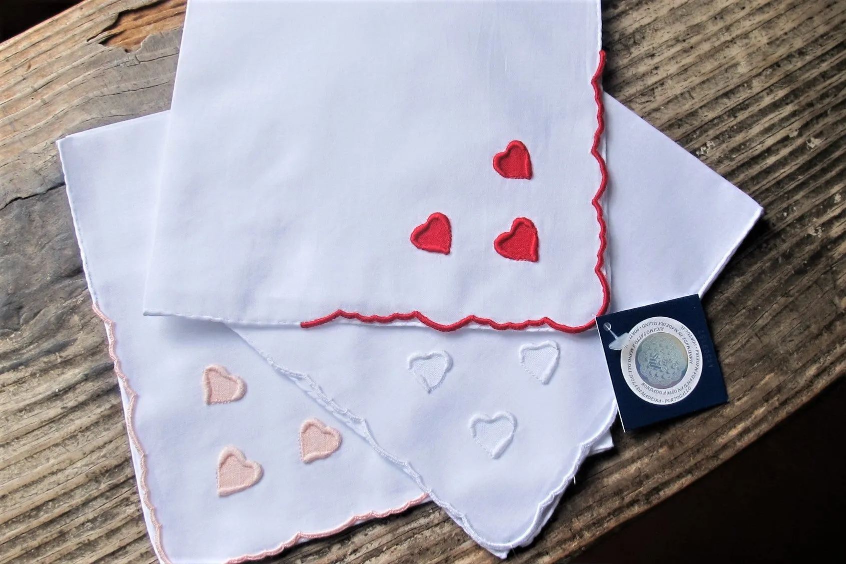 Handkerchief Ladies - Madeira Embroidered Red Hearts