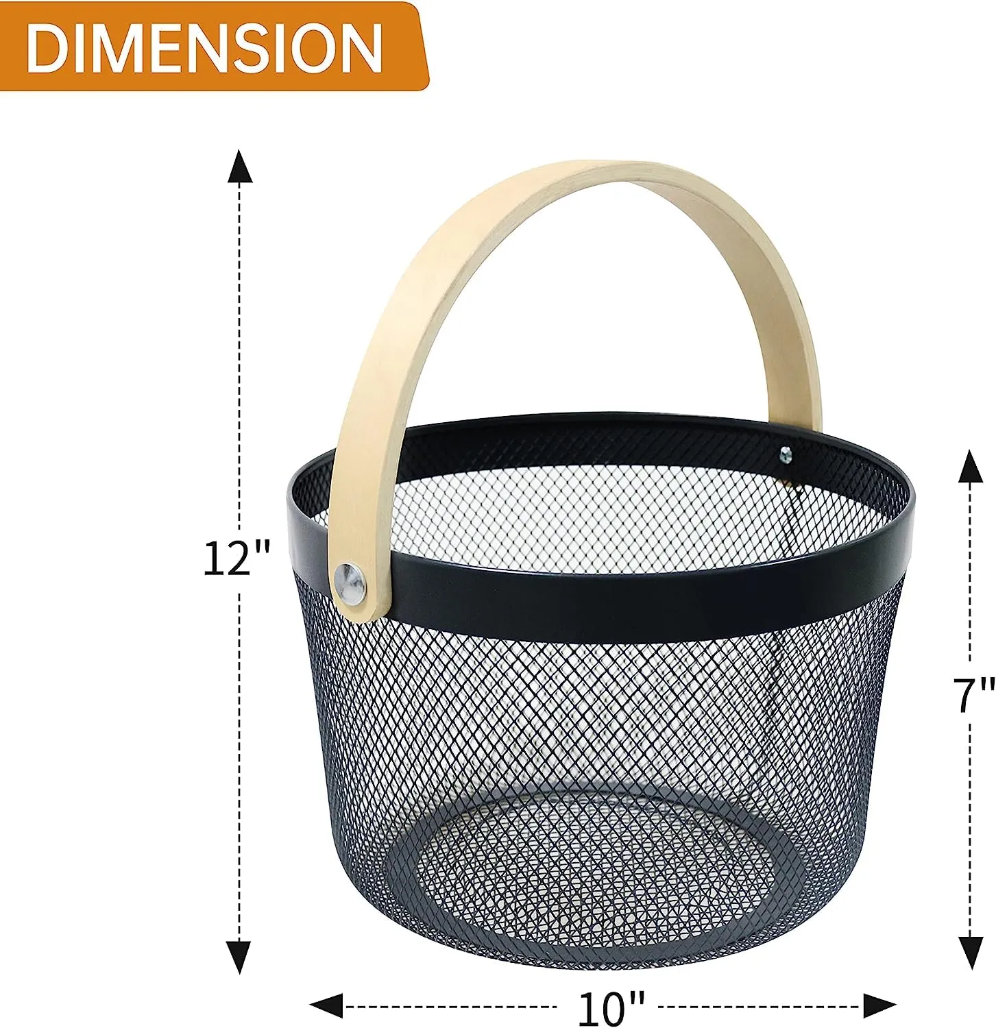 Mesh Steel Basket with Wooden Handle-13920Round Black