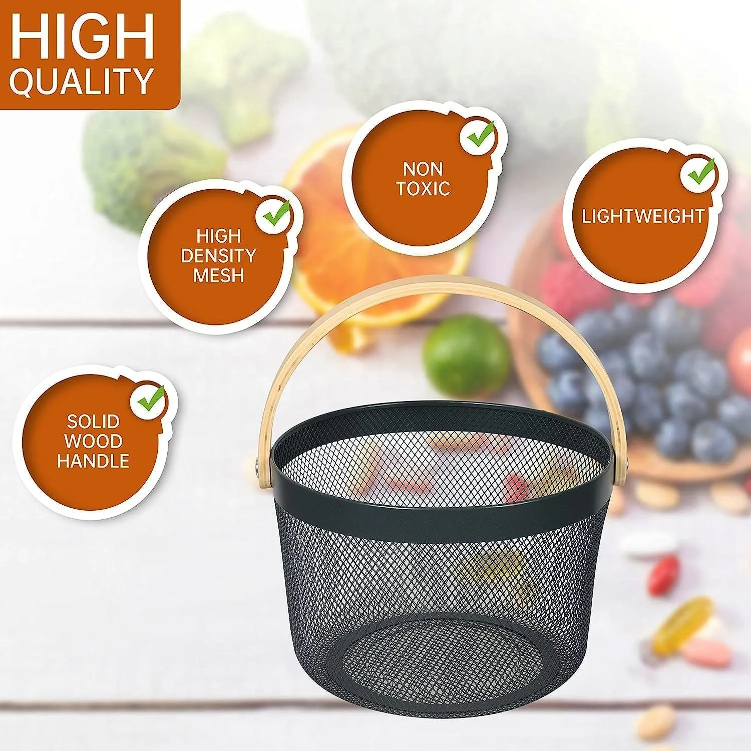 Mesh Steel Basket with Wooden Handle-13920Round Black