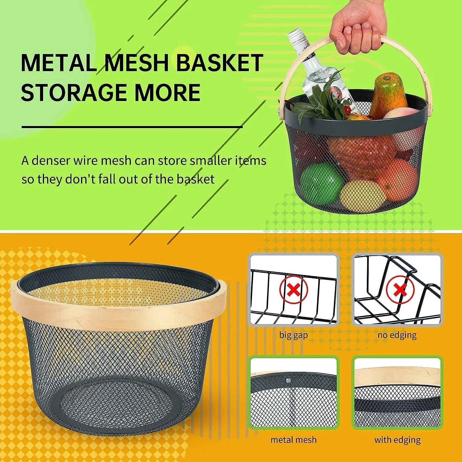 Mesh Steel Basket with Wooden Handle-13920Round Black