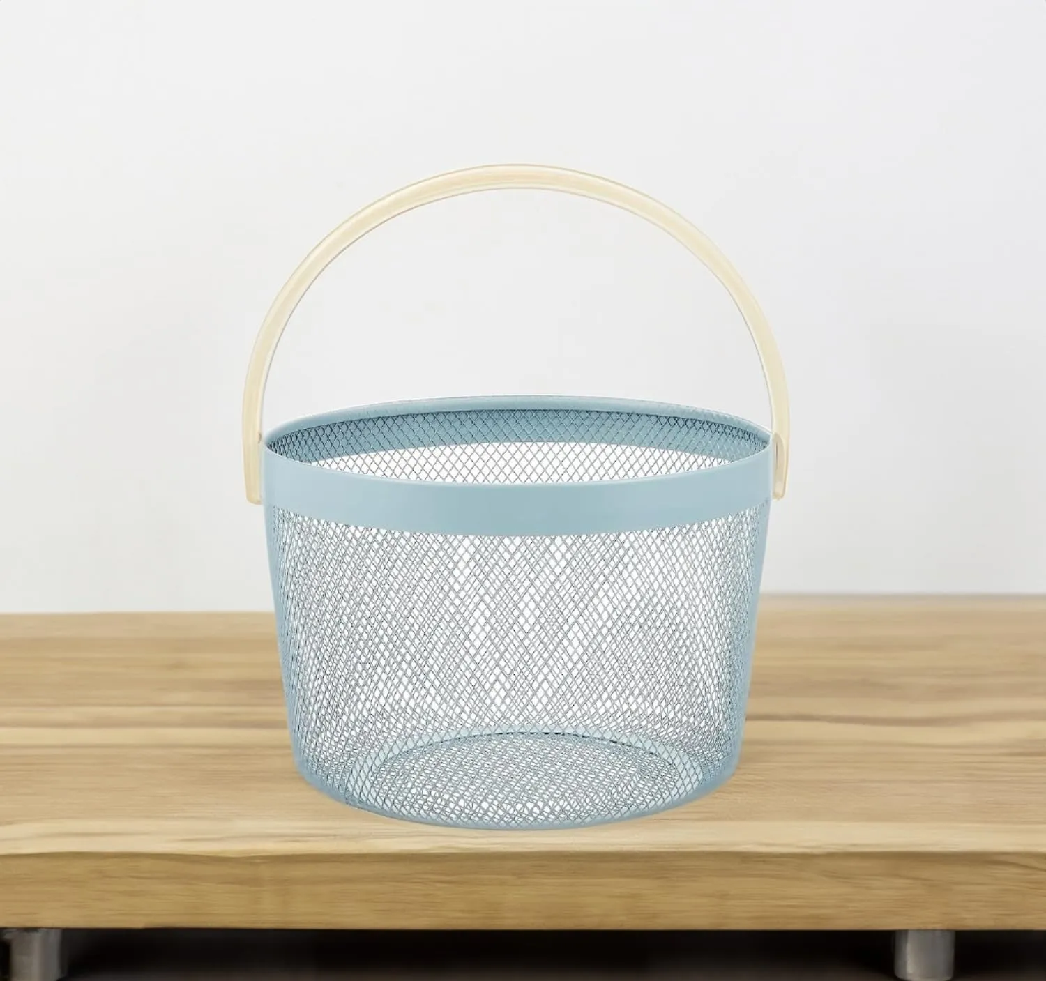 Mesh Steel Basket with Wooden Handle-Round Green