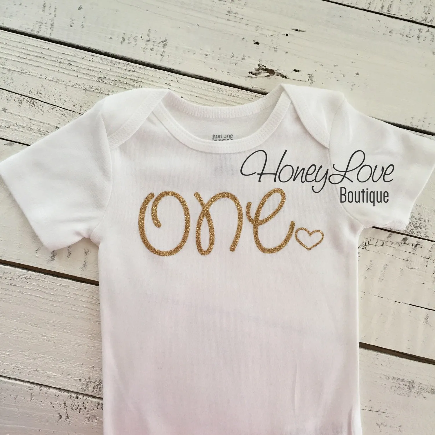 One - SILVER or GOLD glitter bodysuit with heart