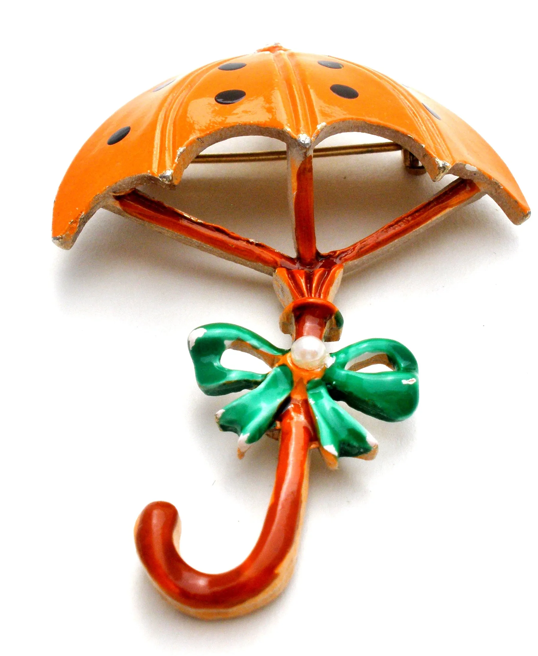 Orange Polka Dot Umbrella Brooch Pin Vintage