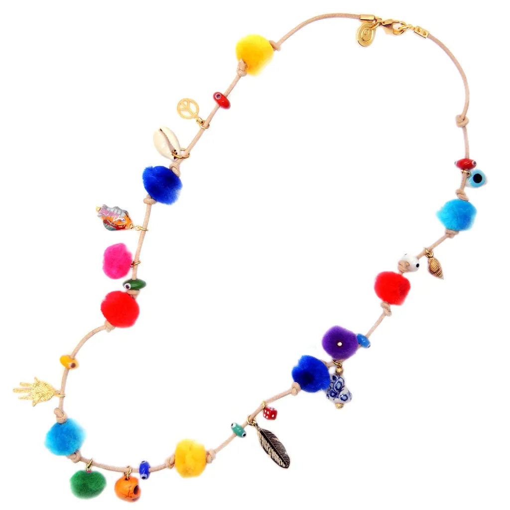 Rainbow Pompom Lucky Charms Leather Cord Necklace