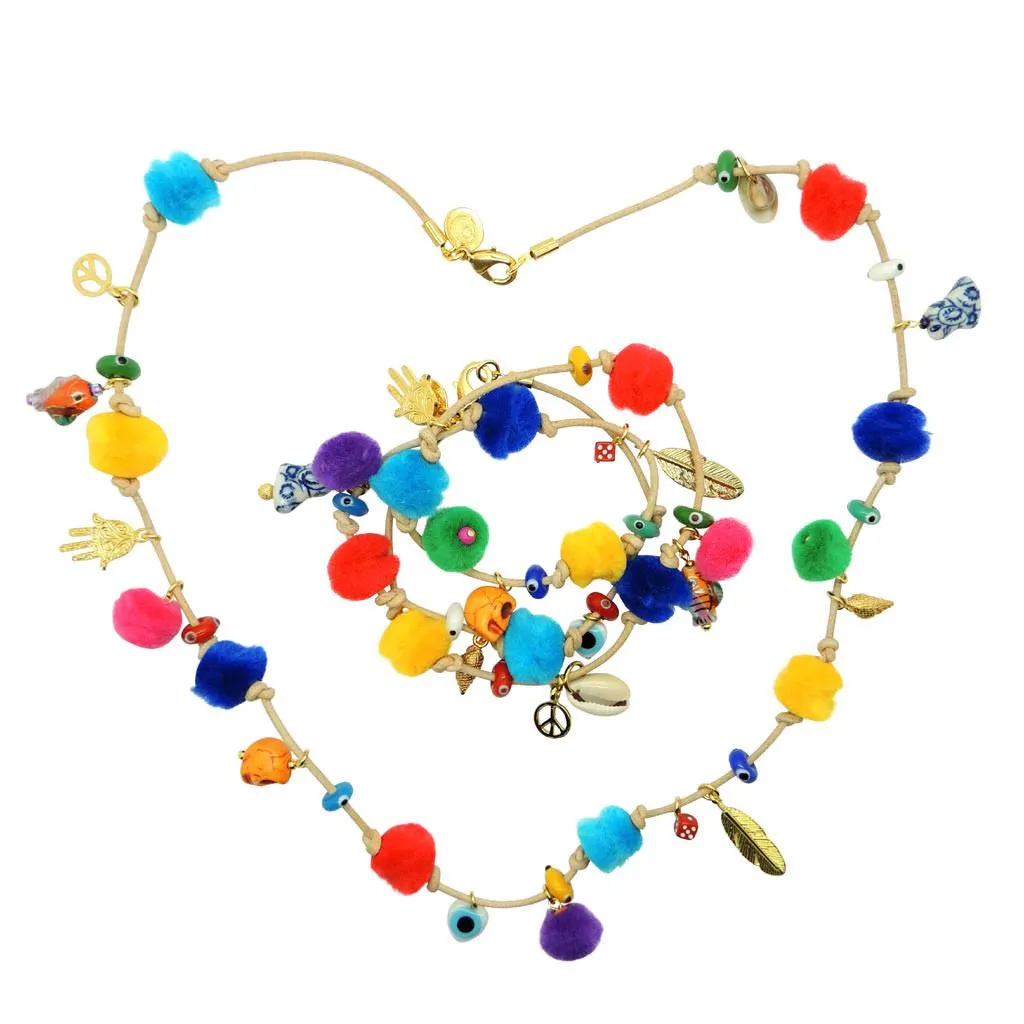 Rainbow Pompom Lucky Charms Leather Cord Necklace