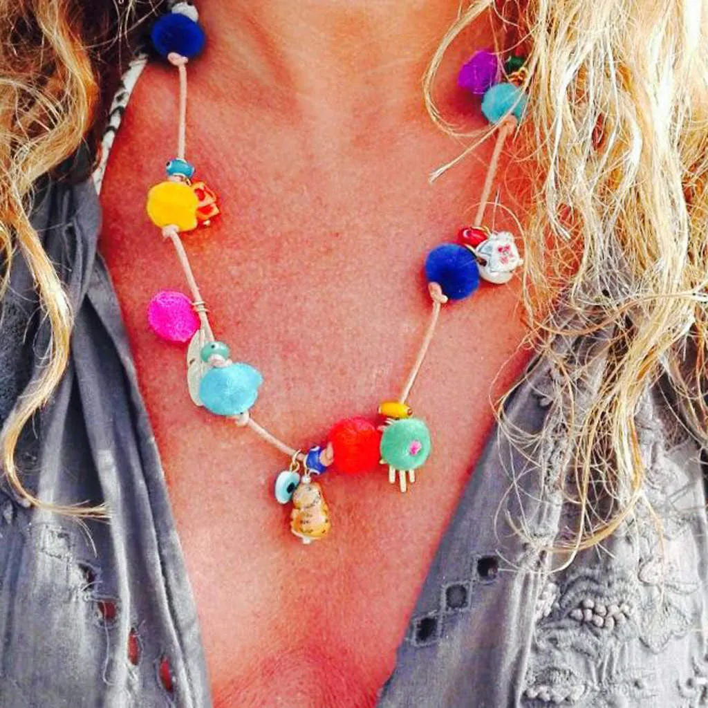 Rainbow Pompom Lucky Charms Leather Cord Necklace