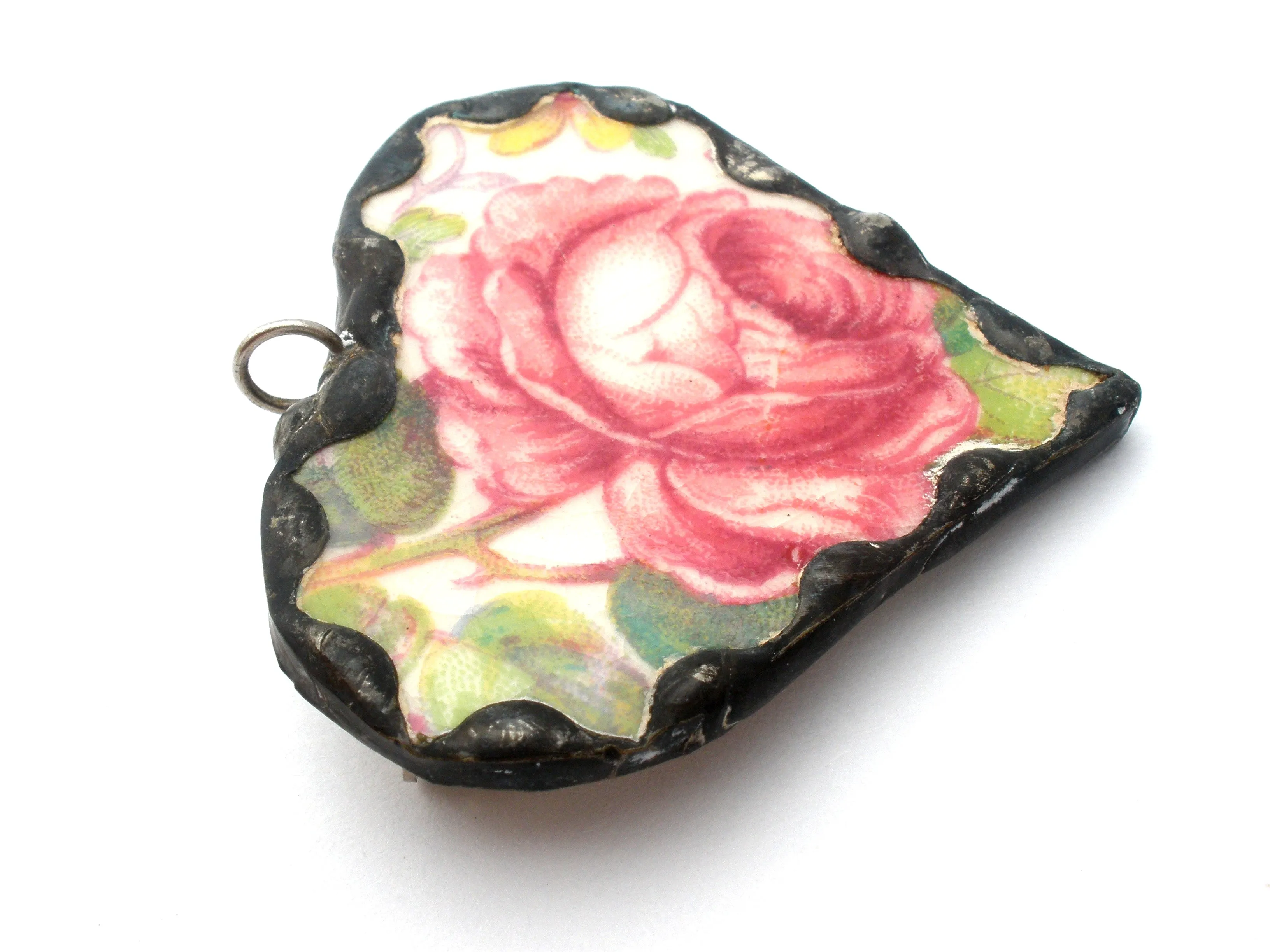 Staffordshire Rose Broken China Porcelain Pendant Brooch