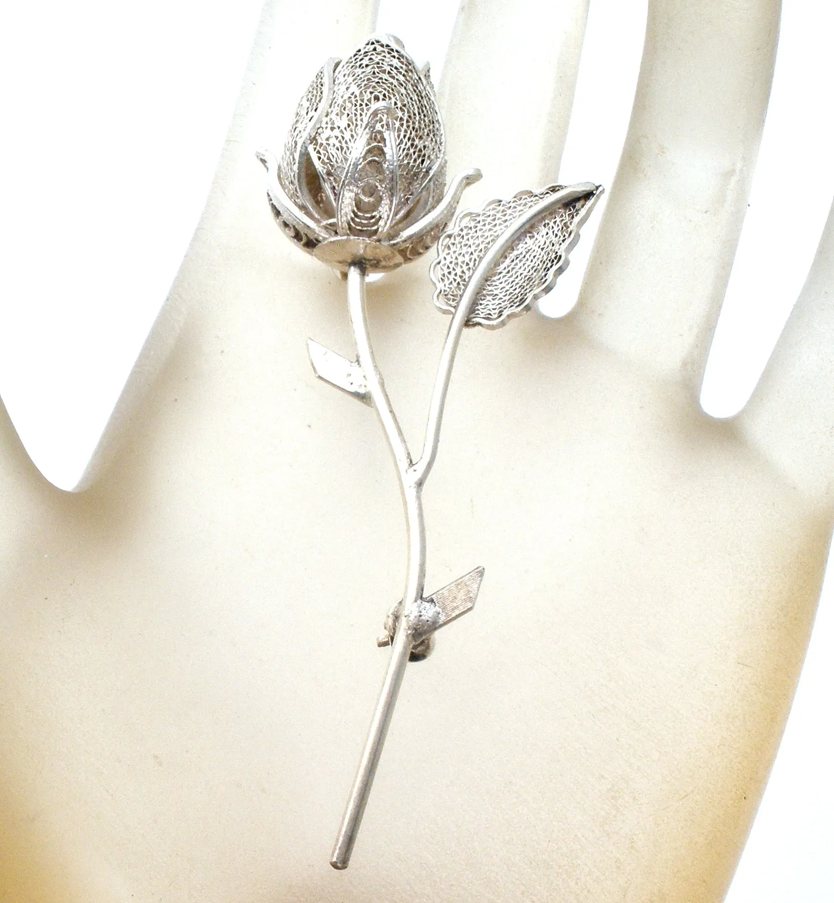 Sterling Silver Filigree Rose Brooch Pin Vintage