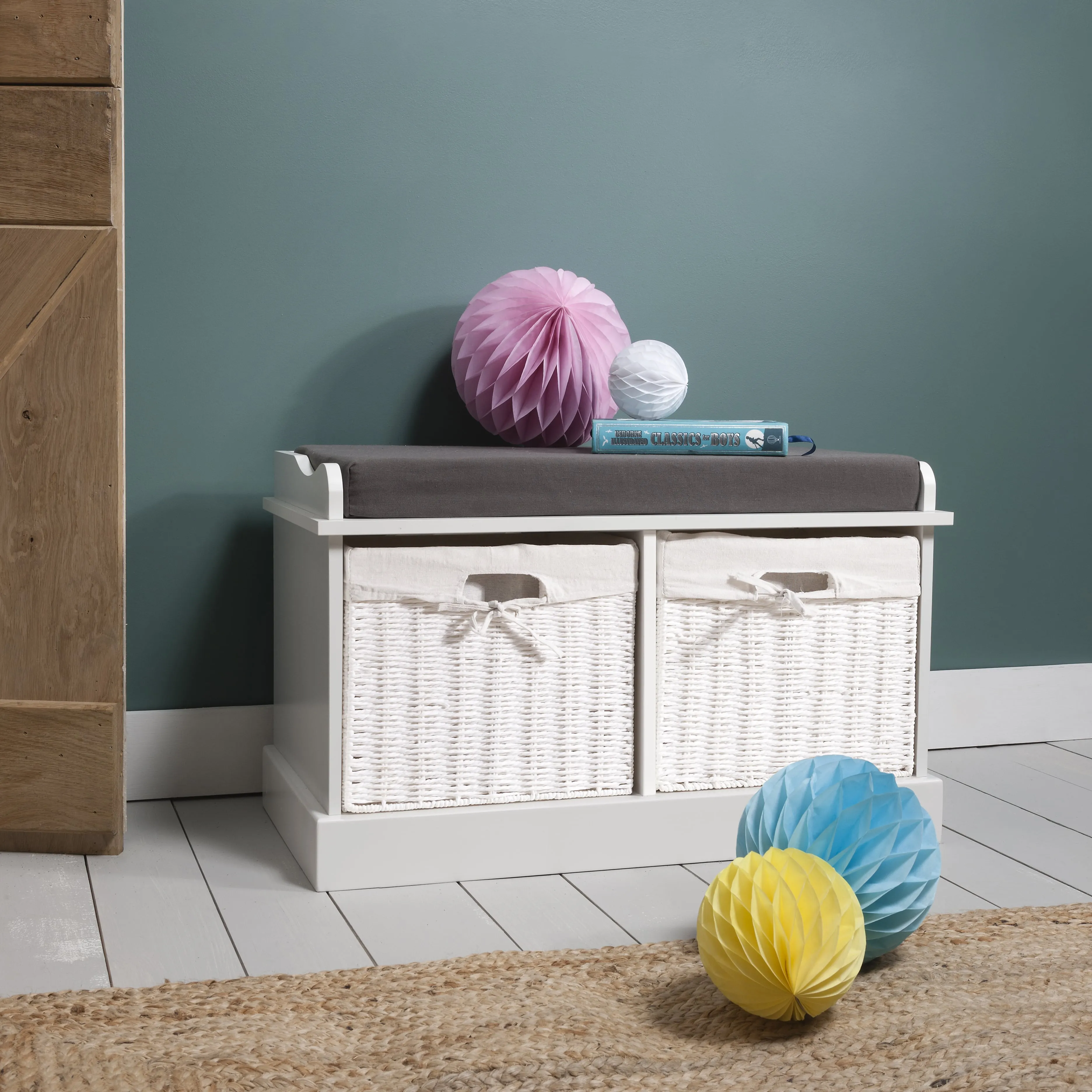 Stockholm Storage Bench with 2 Baskets in Classic White