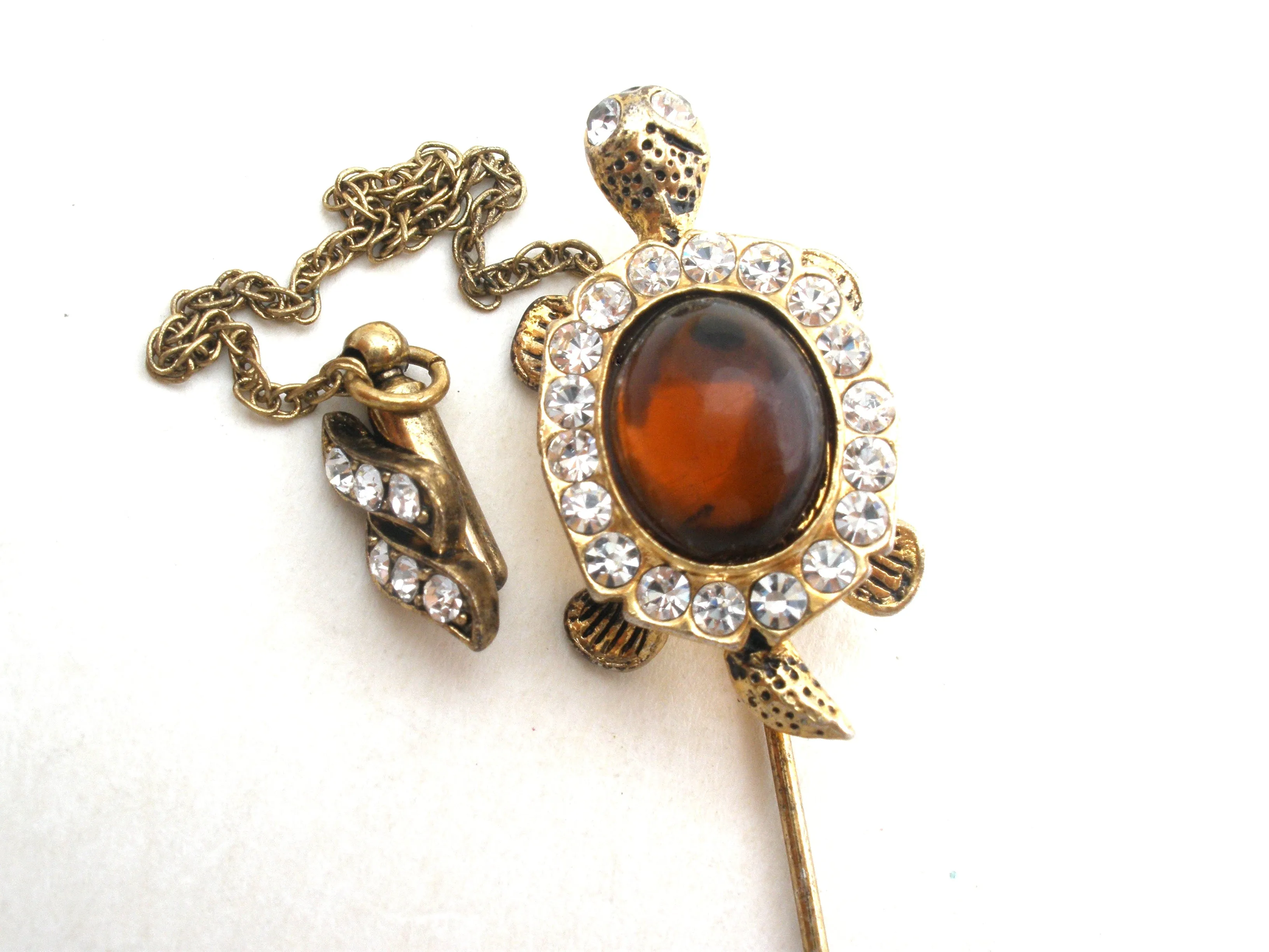 Turtle Jelly Belly Rhinestone Stick Pin Brooch Vintage