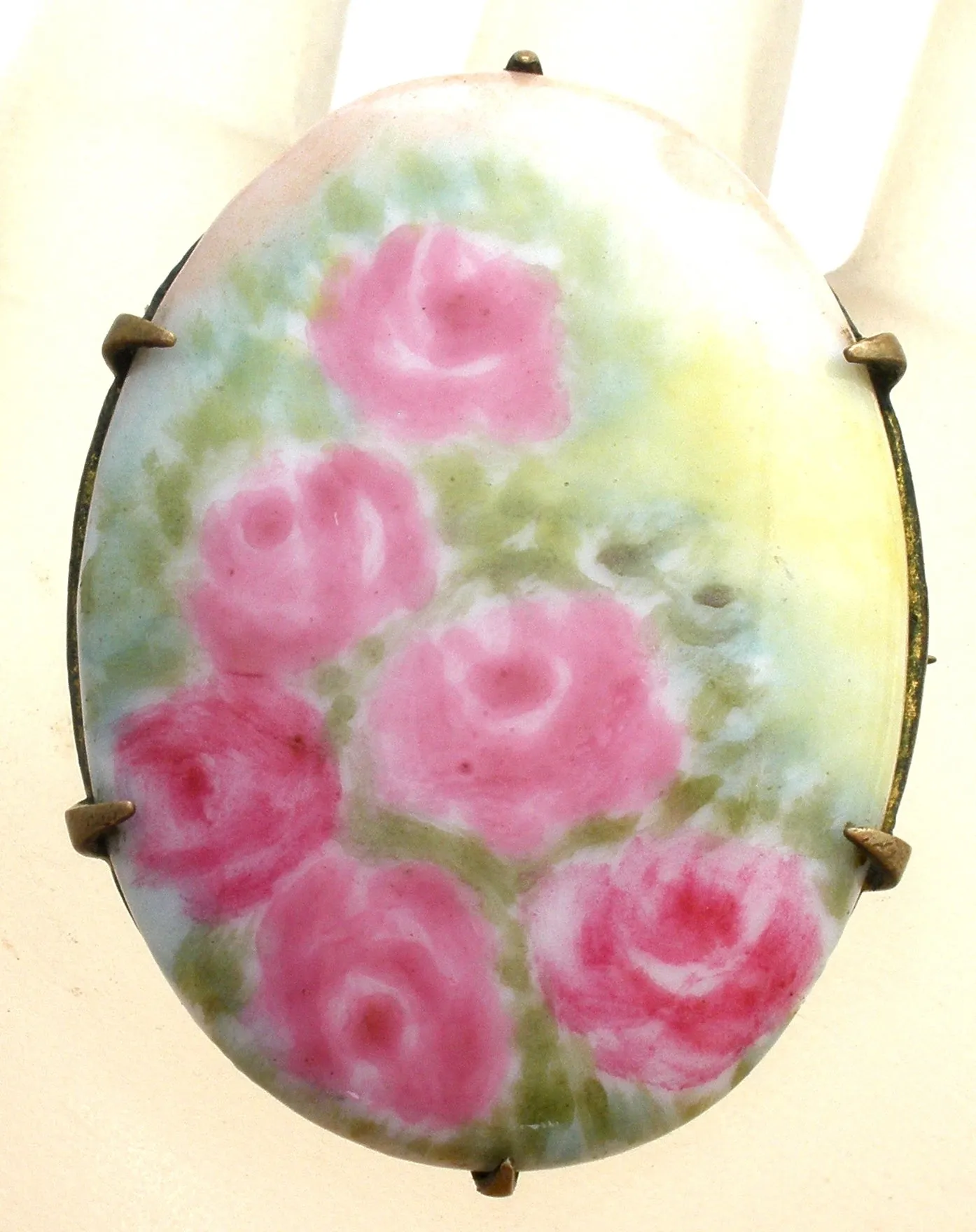 Victorian Hand Painted Pink Rose Brooch Pin