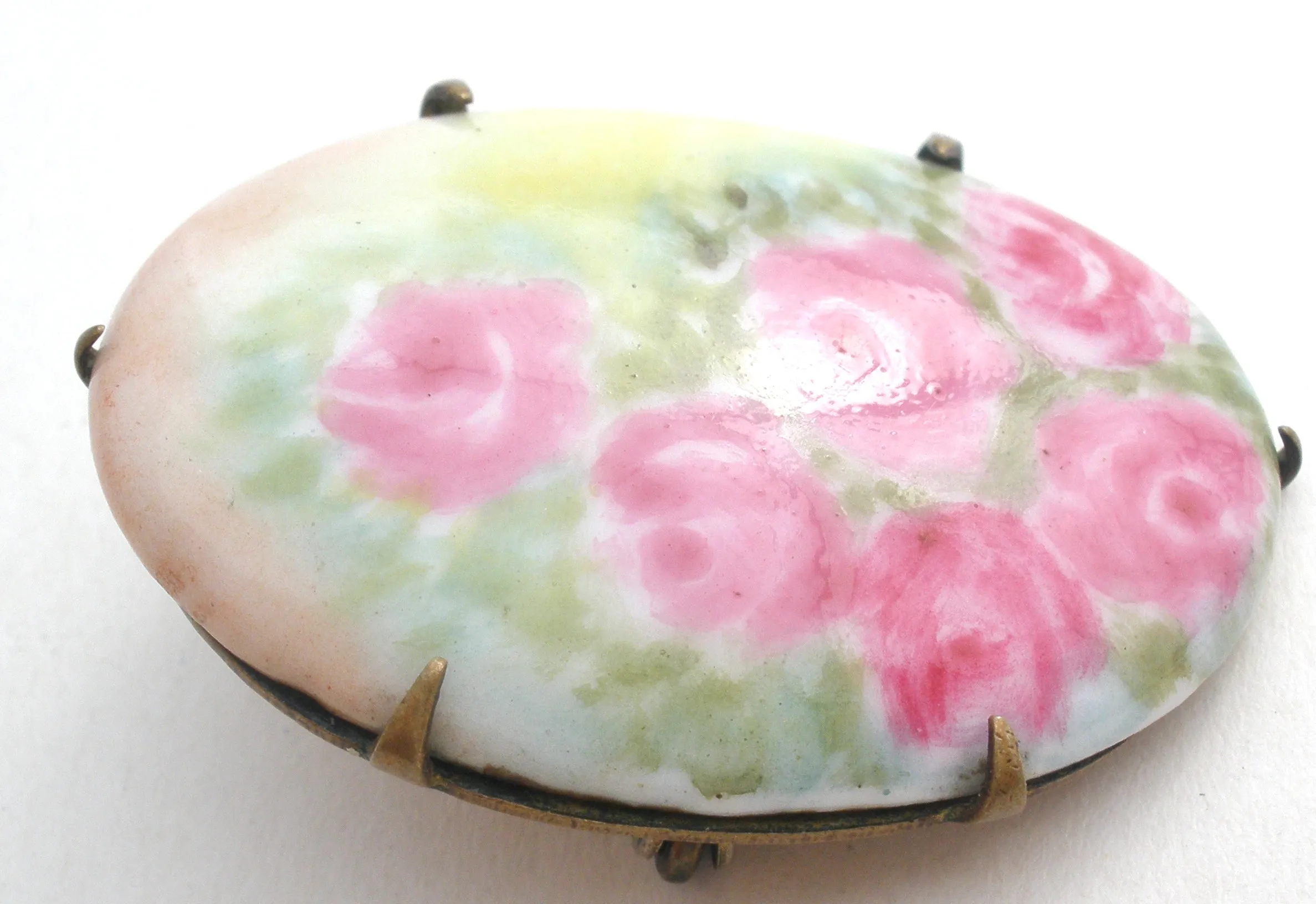 Victorian Hand Painted Pink Rose Brooch Pin